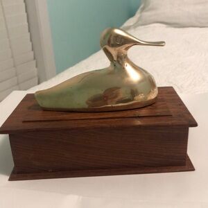 Elegant Brass Duck Sculpture on Wooden Base